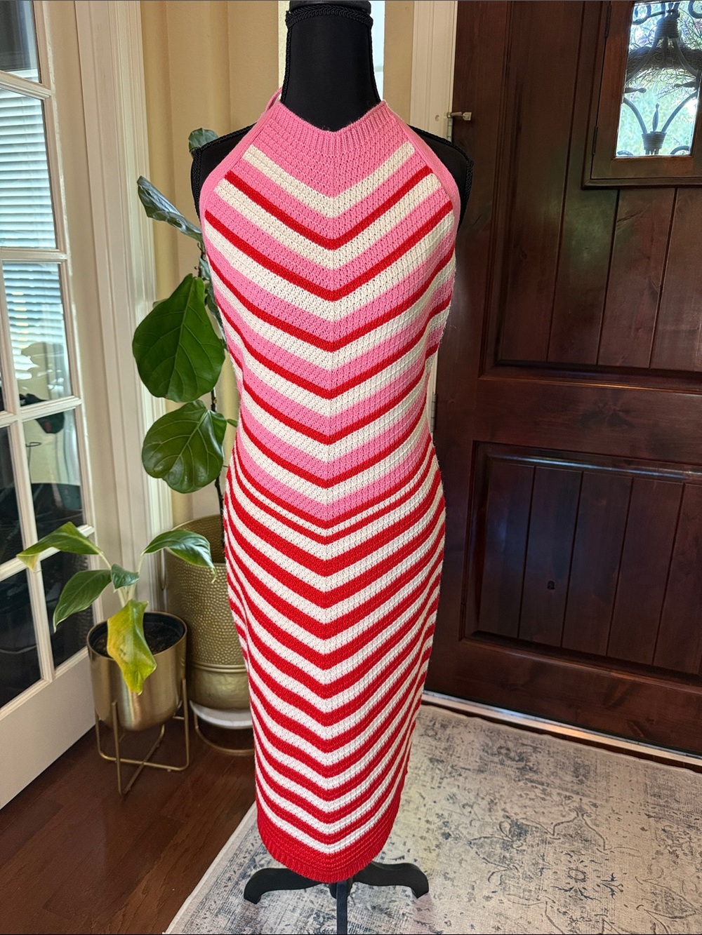 FCT With Love Striped Halter Knit Midi Dress in Pink, Red & White Size XL